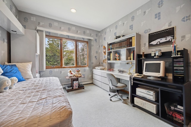 bedroom with baseboard heating, a baseboard heating unit, wallpapered walls, and carpet floors