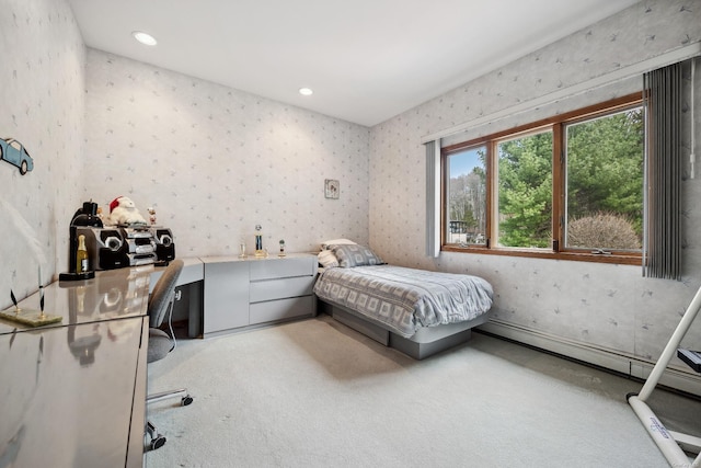 bedroom featuring recessed lighting, light colored carpet, and wallpapered walls
