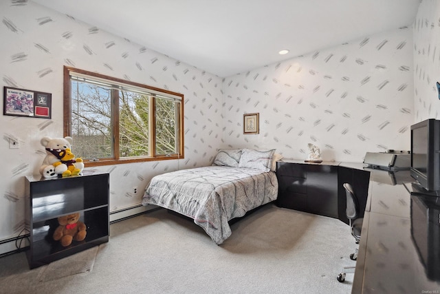 bedroom featuring carpet, baseboard heating, and wallpapered walls
