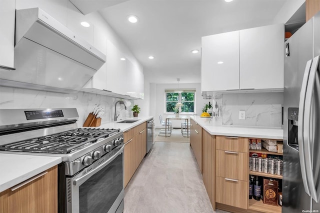 kitchen with modern cabinets, stainless steel appliances, light countertops, under cabinet range hood, and a sink