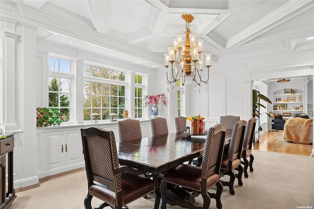 dining room featuring ornamental molding, coffered ceiling, beam ceiling, a notable chandelier, and light hardwood / wood-style floors