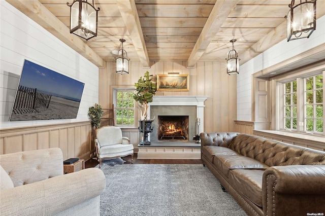 living room with beamed ceiling, plenty of natural light, dark hardwood / wood-style flooring, and wooden walls