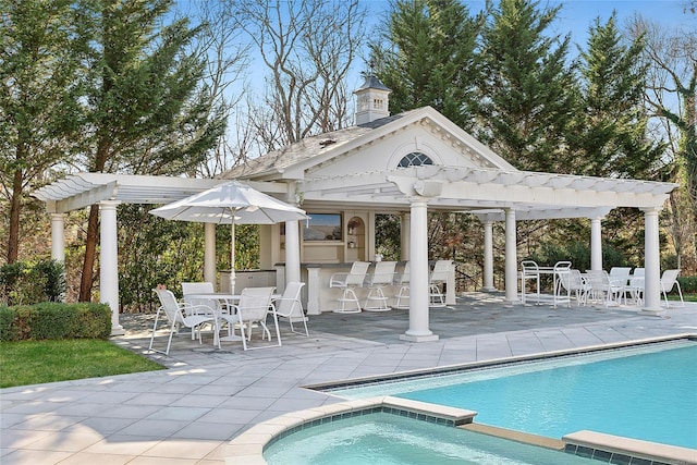 view of pool with a patio, a pergola, and an outdoor bar