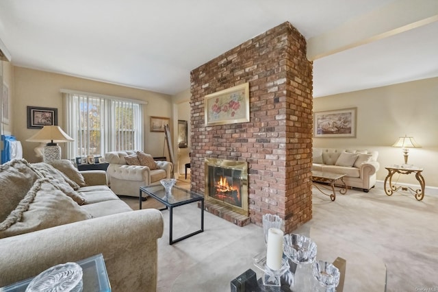 living room with a fireplace and light carpet