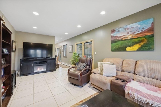 tiled living room with a baseboard radiator