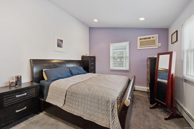 bedroom featuring a wall unit AC, carpet, lofted ceiling, and a baseboard heating unit