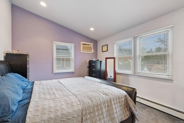 carpeted bedroom with a wall mounted air conditioner, vaulted ceiling, and a baseboard heating unit