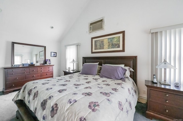 bedroom featuring multiple windows, high vaulted ceiling, and dark carpet