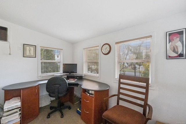 office featuring carpet flooring and vaulted ceiling