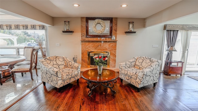 sitting room featuring hardwood / wood-style floors, a healthy amount of sunlight, and a high end fireplace