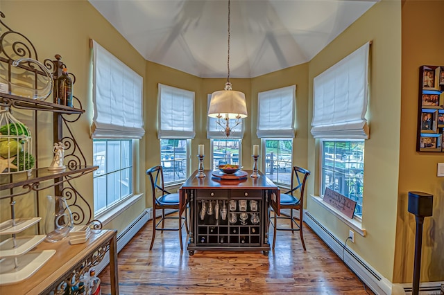 dining room with hardwood / wood-style flooring, a wealth of natural light, and a baseboard heating unit