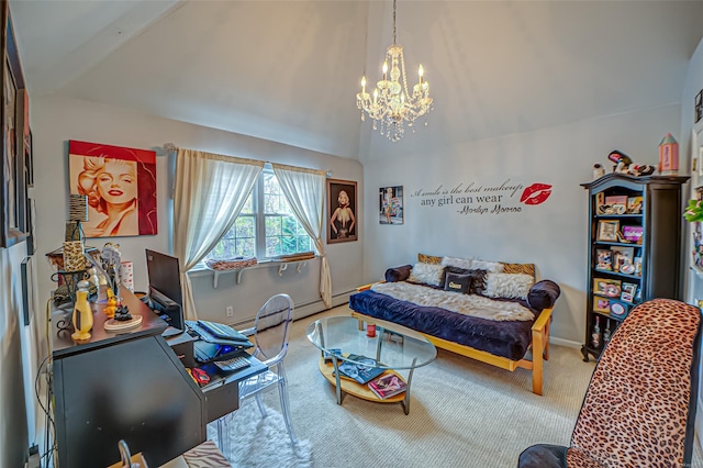 carpeted bedroom with a notable chandelier, lofted ceiling, and a baseboard heating unit