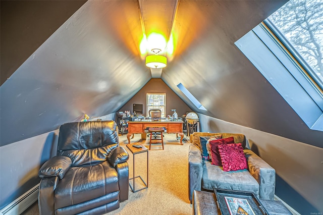 interior space featuring carpet floors, a baseboard radiator, and vaulted ceiling