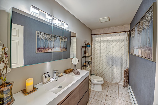 bathroom with tile patterned floors, walk in shower, vanity, a baseboard radiator, and toilet