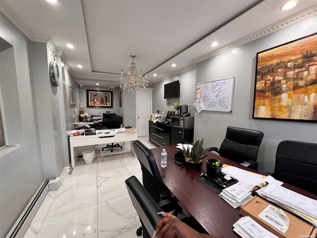 office with an inviting chandelier and a baseboard radiator