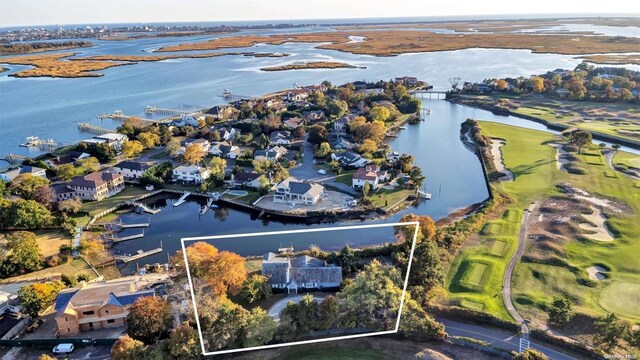 1230 Harbor Rd, Hewlett Harbor, NY 11557 - aerial view of residential area featuring a large body of water, property parcel outlined, and a golf club