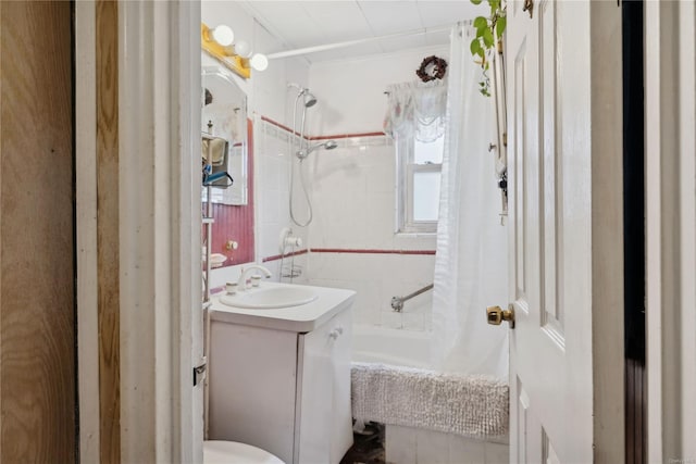 bathroom with vanity and shower / bathtub combination with curtain