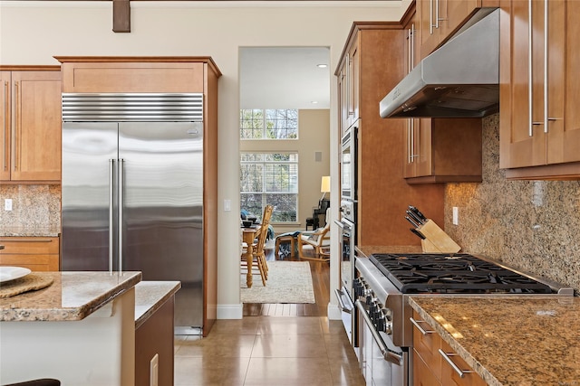 kitchen with backsplash, dark hardwood / wood-style floors, light stone counters, and high quality appliances