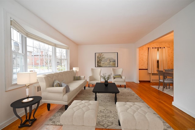 living room featuring light wood-type flooring and radiator