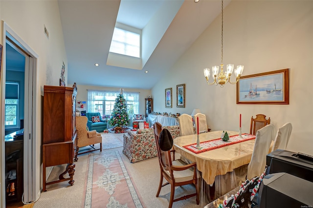 811 Spring Lake Dr Unit 811, Middle Island, NY 11953 - dining space with high vaulted ceiling, a skylight, a chandelier, inlaid floor details, and recessed lighting