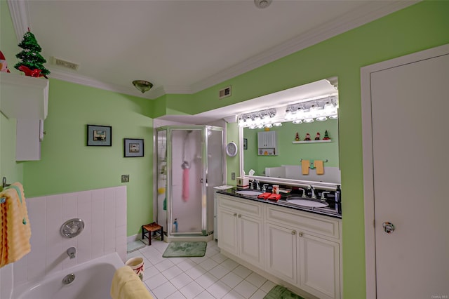 811 Spring Lake Dr Unit 811, Middle Island, NY 11953 - full bath featuring a stall shower, double vanity, a bath, ornamental molding, and tile patterned floors