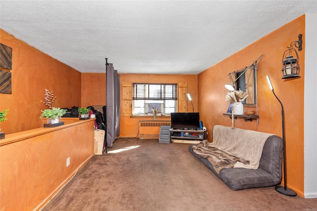 sitting room featuring radiator, carpet floors, and a textured ceiling