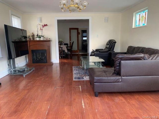 living room featuring ornamental molding, a chandelier, and hardwood / wood-style flooring