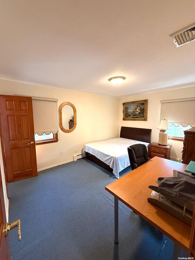 bedroom with a baseboard radiator and dark colored carpet