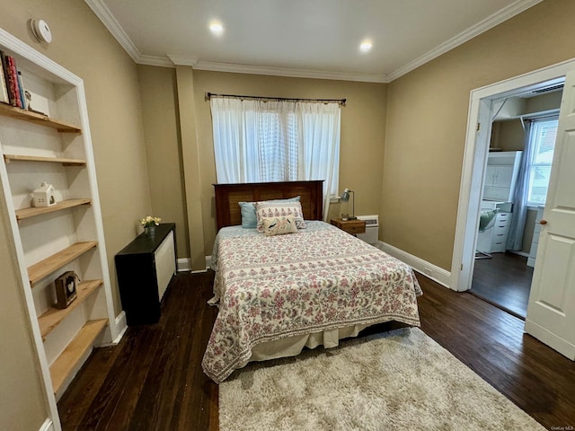 bedroom with multiple windows, crown molding, and dark hardwood / wood-style floors