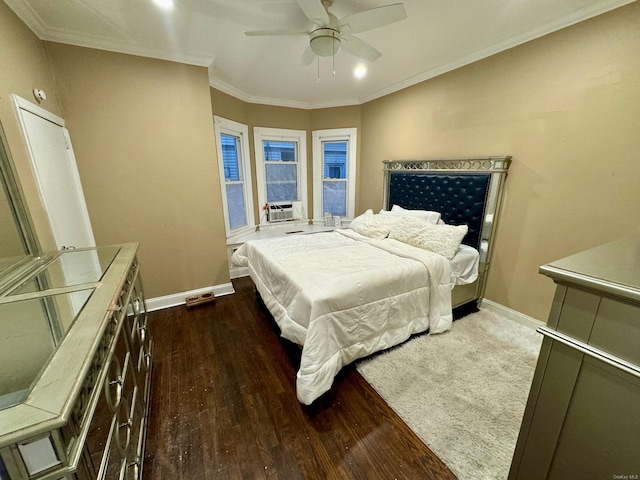 bedroom featuring cooling unit, crown molding, ceiling fan, and dark wood-type flooring