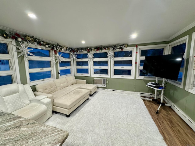 living room featuring wood-type flooring, crown molding, and a wall mounted AC