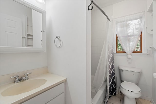 full bathroom with toilet, shower / tub combo, vanity, and tile patterned floors