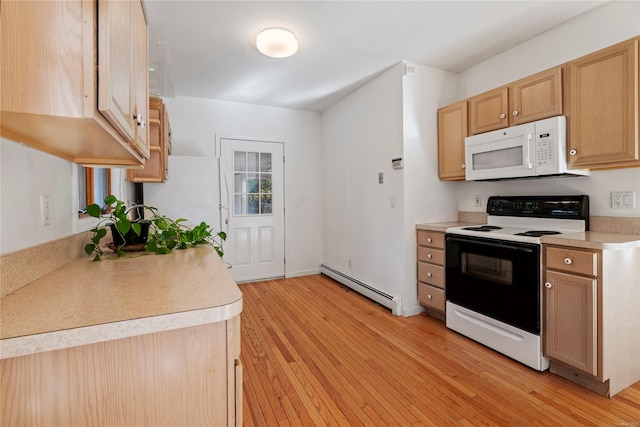 kitchen featuring light wood-type flooring, light brown cabinetry, white appliances, and baseboard heating