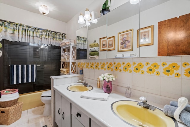 full bathroom featuring vanity, tile walls, enclosed tub / shower combo, tile patterned flooring, and toilet