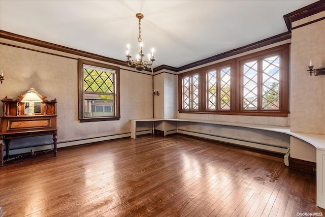 unfurnished dining area with a baseboard heating unit, dark hardwood / wood-style flooring, crown molding, and a notable chandelier