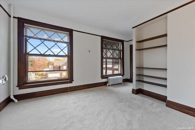 interior space with light colored carpet and radiator