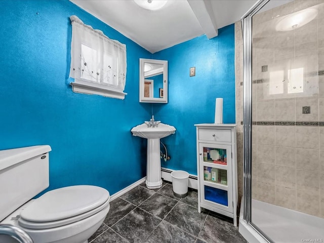 bathroom with walk in shower, a baseboard radiator, and toilet