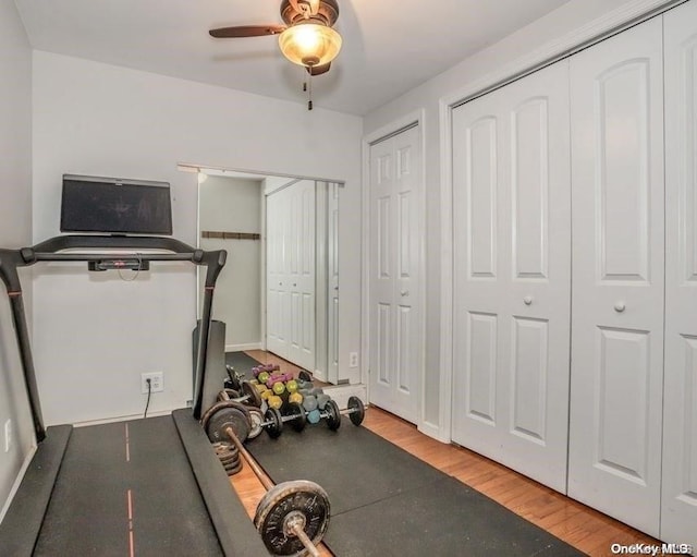 exercise area featuring hardwood / wood-style flooring and ceiling fan