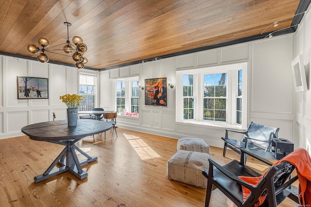 interior space featuring light wood-type flooring, an inviting chandelier, and wood ceiling