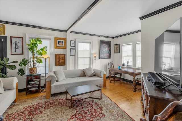 living room featuring a healthy amount of sunlight, light hardwood / wood-style floors, and ornamental molding