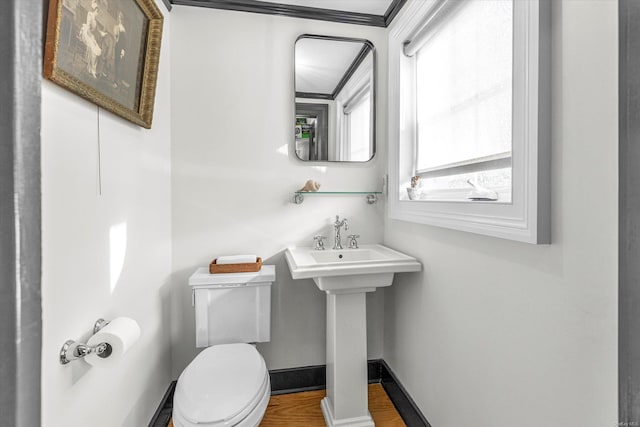 bathroom with crown molding, wood-type flooring, and toilet