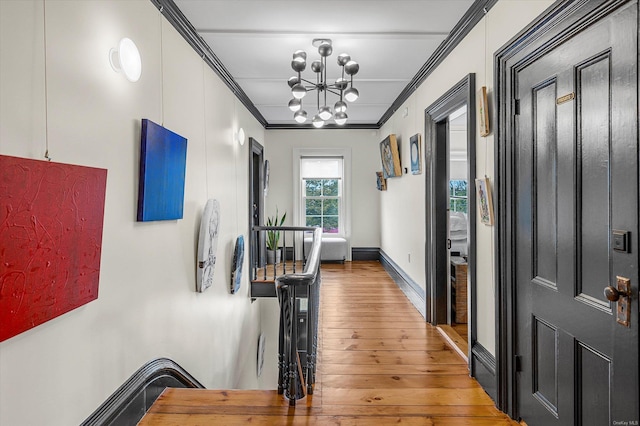 hallway featuring hardwood / wood-style flooring, an inviting chandelier, and crown molding