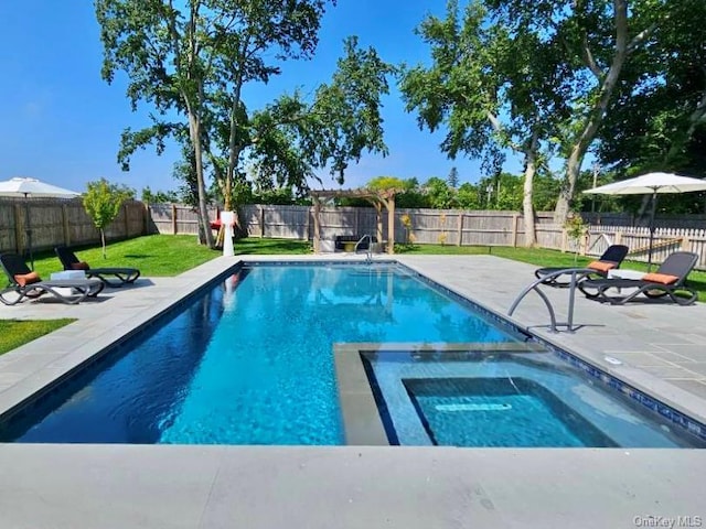 view of pool with a patio area and a lawn