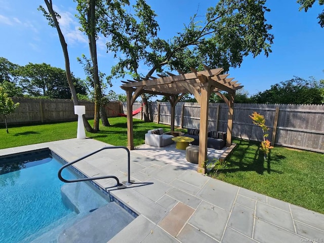 view of pool featuring a pergola, a patio area, and a lawn