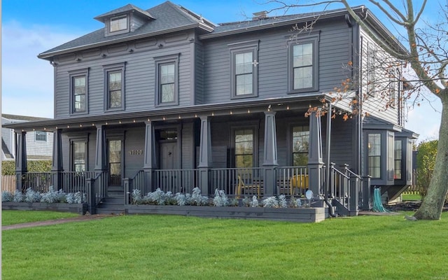 view of front of house featuring covered porch and a front yard