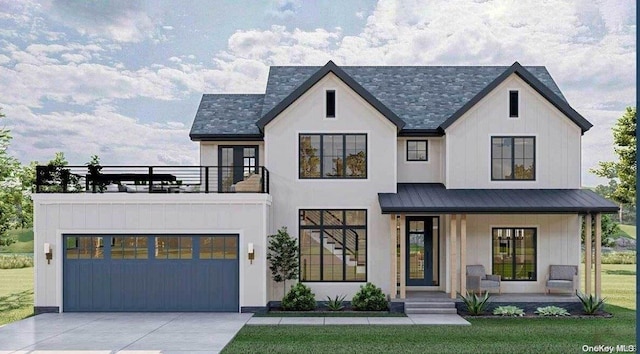 modern farmhouse with a porch, a garage, a balcony, and a front lawn