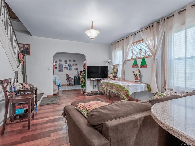 living room with dark hardwood / wood-style flooring