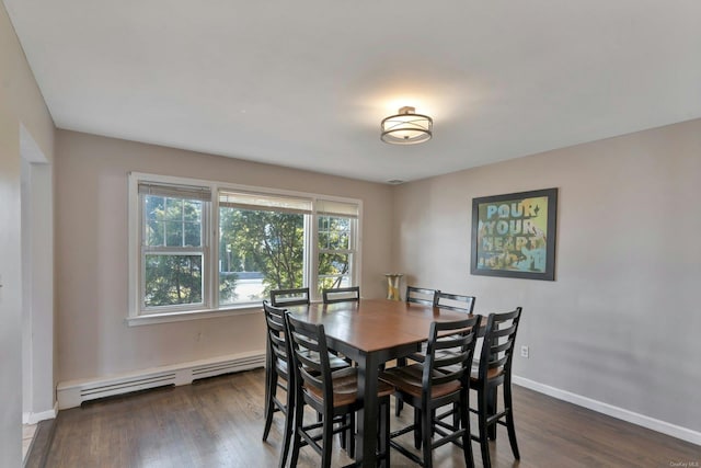 dining room with dark hardwood / wood-style flooring and baseboard heating