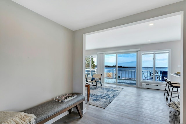 living area featuring a water view, a baseboard heating unit, and hardwood / wood-style flooring