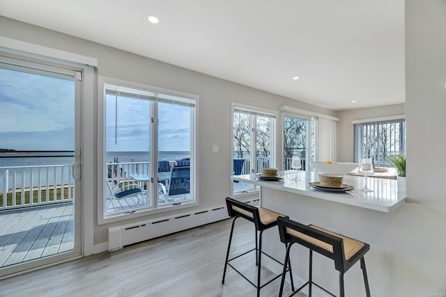 kitchen featuring light hardwood / wood-style floors, a water view, a healthy amount of sunlight, and a baseboard heating unit